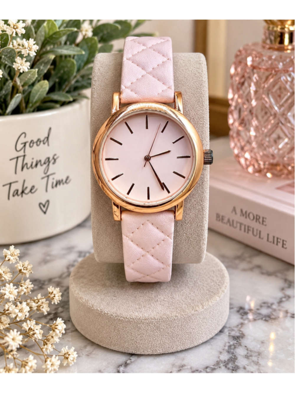 Women's Rose Gold Blush Pink Quilted Strap Analog Watch